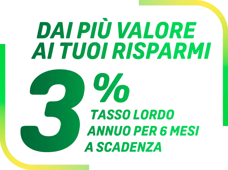 Testo promozionale: dai più valore ai tuoi risparmi 3% tasso lordo annuo per 6 mesi a scadenza